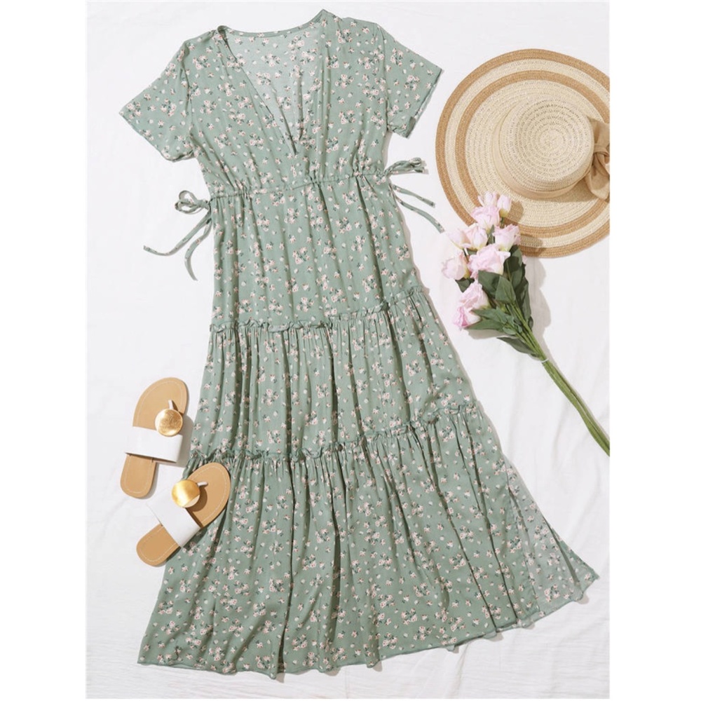 Boho Deep V Mint Green Floral Dress - Picture 4 of 13